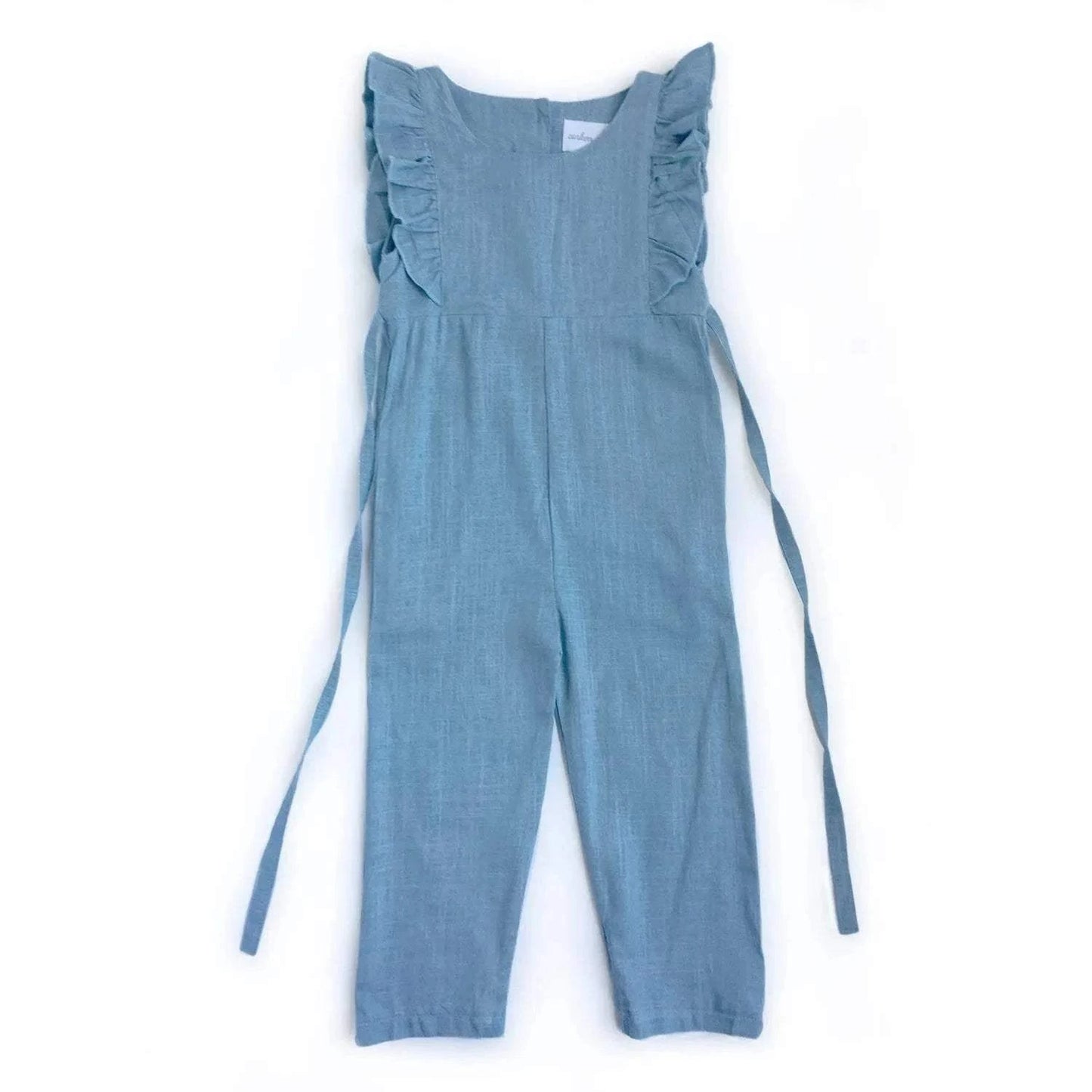Medium Blue Linen Ruffle Romper with Pants back view