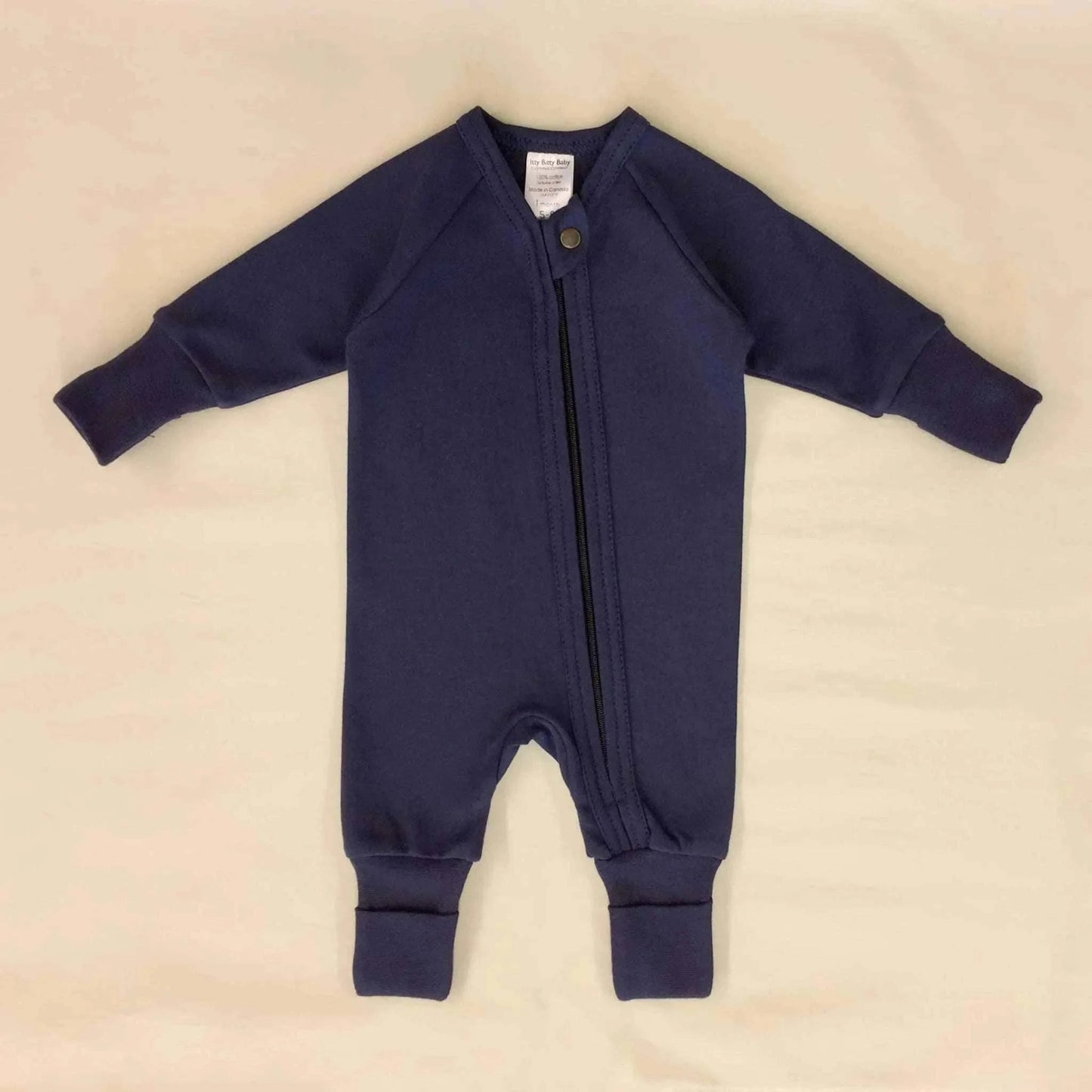 Minimalist zip sleep and play suit in Deep Lake front view