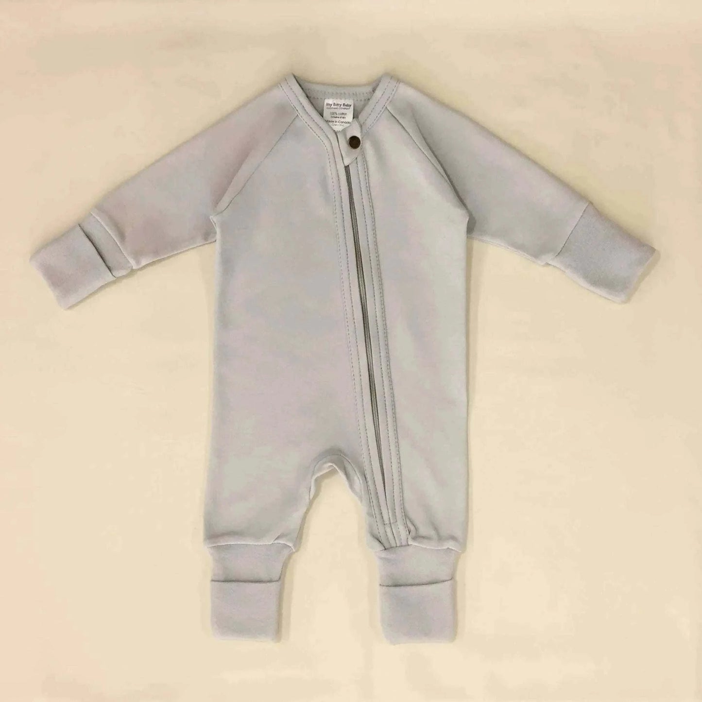Minimalist zip sleep and play suit in Granite Stone front view