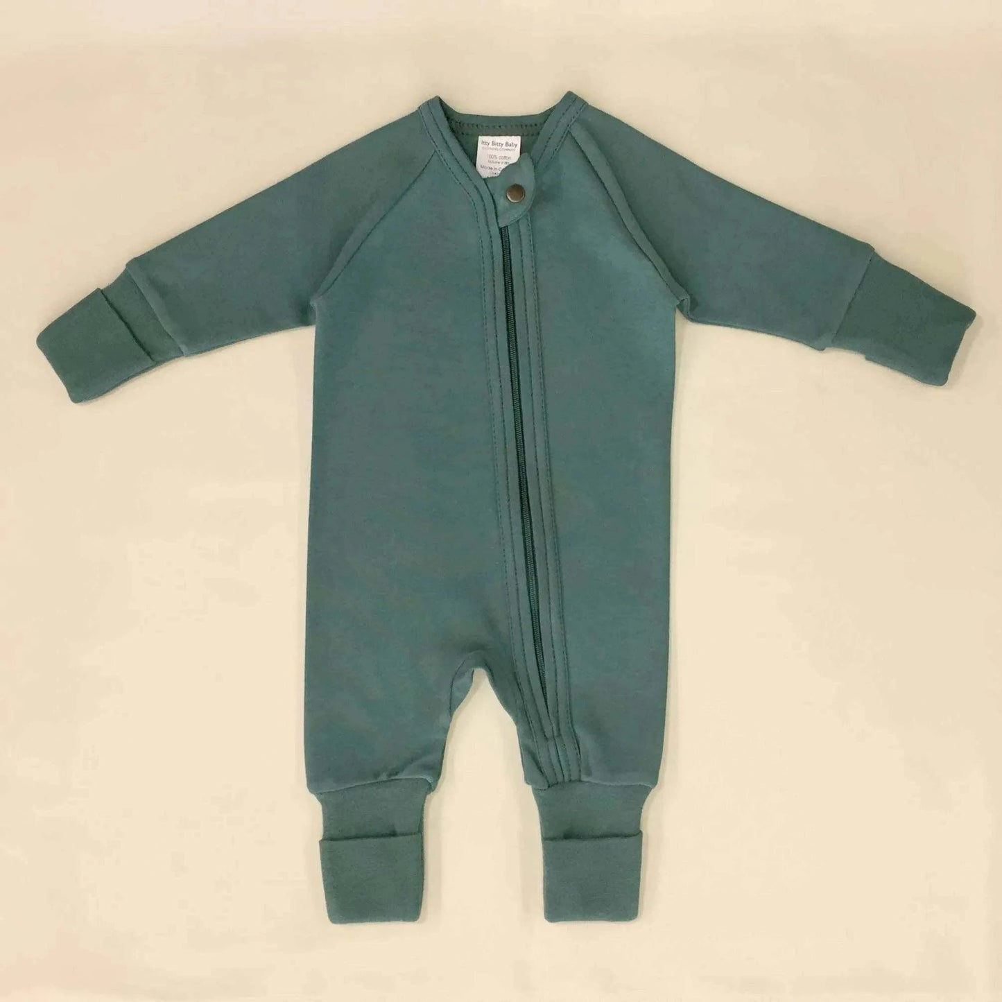 Minimalist zip sleep and play suit in Spruce Forest front view