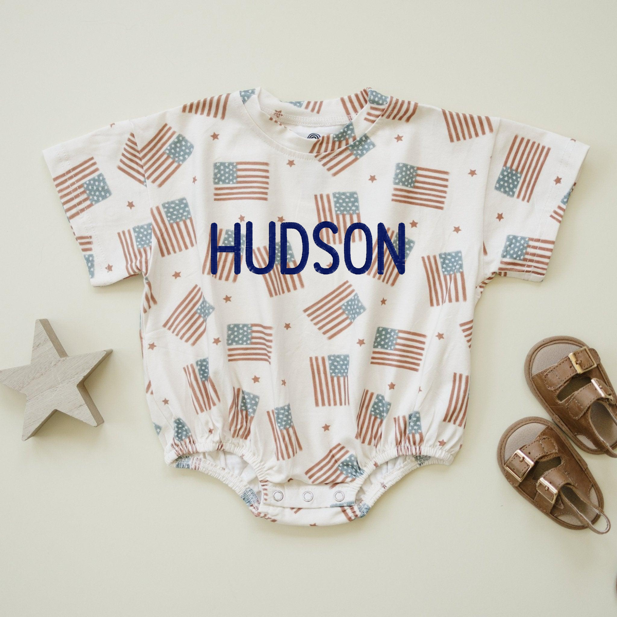 Flag Print T-Shirt Romper - optional custom embroidery