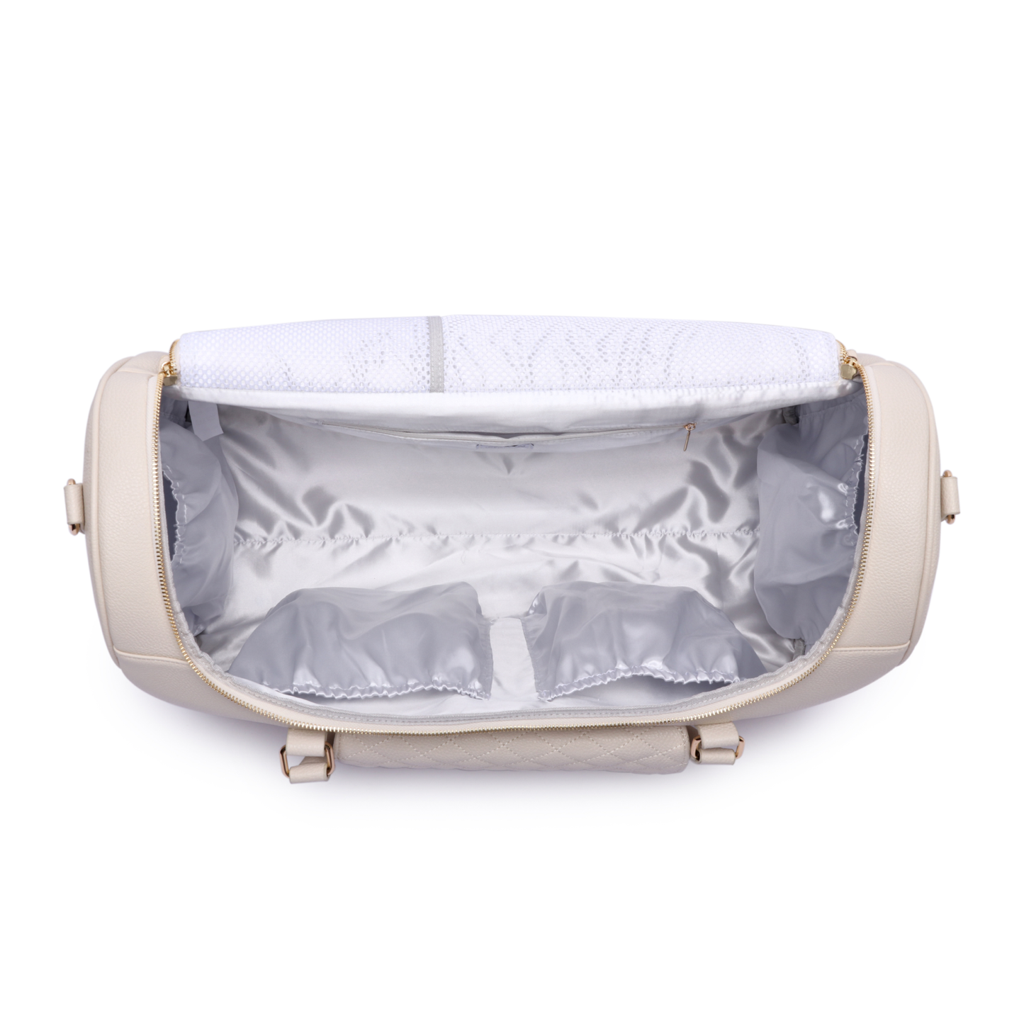 Monaco Travel Bag in pearl white open to reveal spacious satin-lined interior.