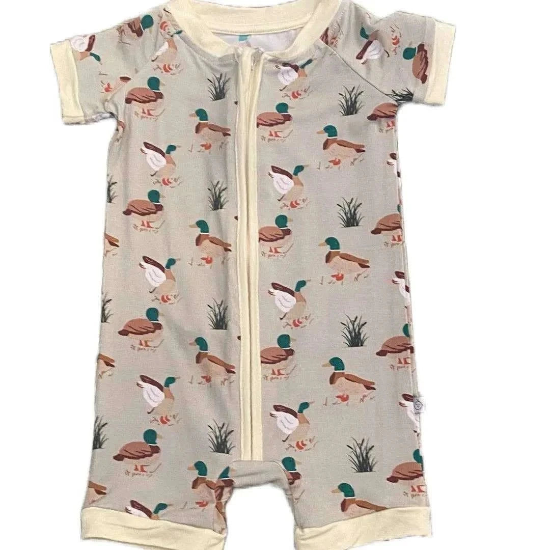 Down South Ducks bamboo baby shortie romper with duck and cattail print, front view