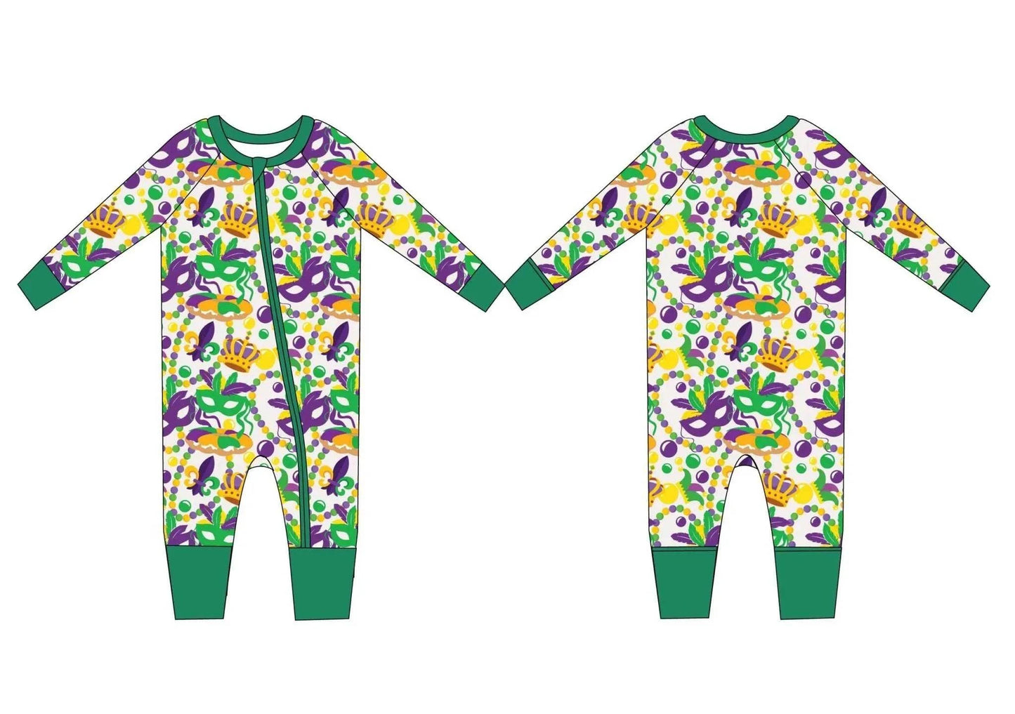 Throw Me Something Mister! Premium Bamboo Mardi Gras Zippy pajamas styling detail