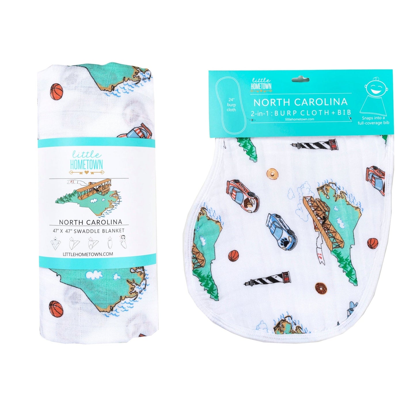 Gift Set: North Carolina Baby Muslin Swaddle Blanket and Burp Cloth/Bib Combo