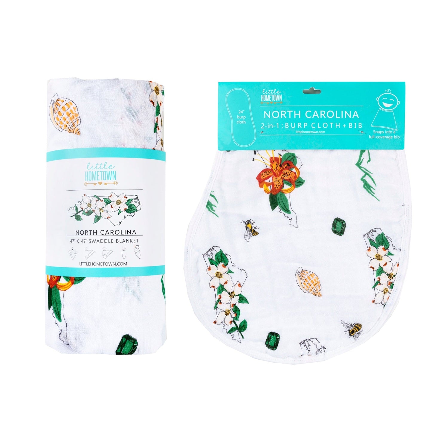 Gift Set: North Carolina Baby Muslin Swaddle Blanket and Burp Cloth/Bib Combo (Floral)