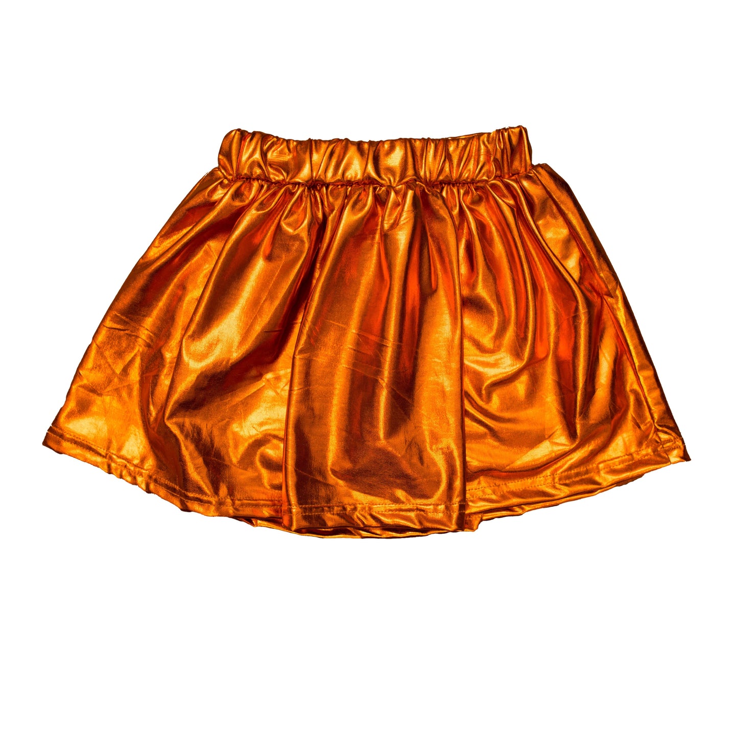 Orange metallic skort with elastic waistband and shiny fabric blend of skirt and shorts