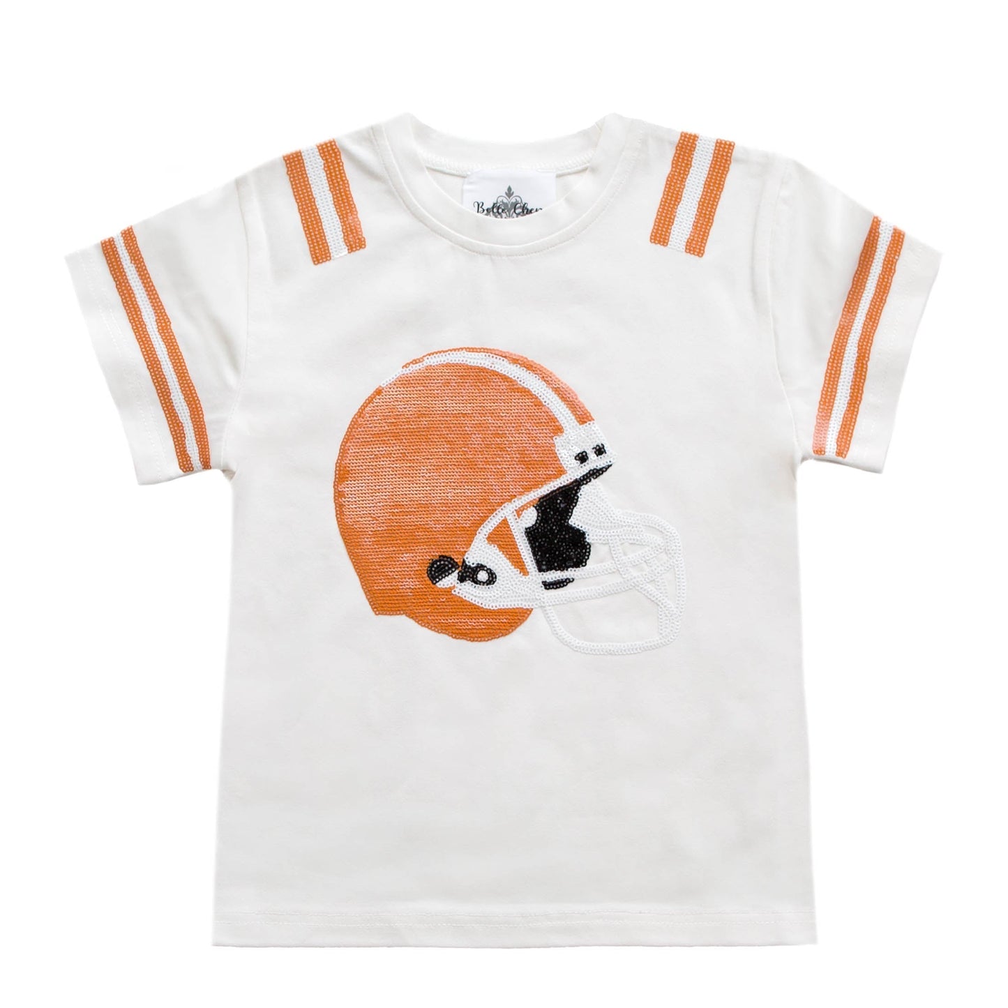 White kid shirt with orange football helmet design and orange stripes on sleeves and shoulders, soft and comfy Orange Helmet Kid Shirt
