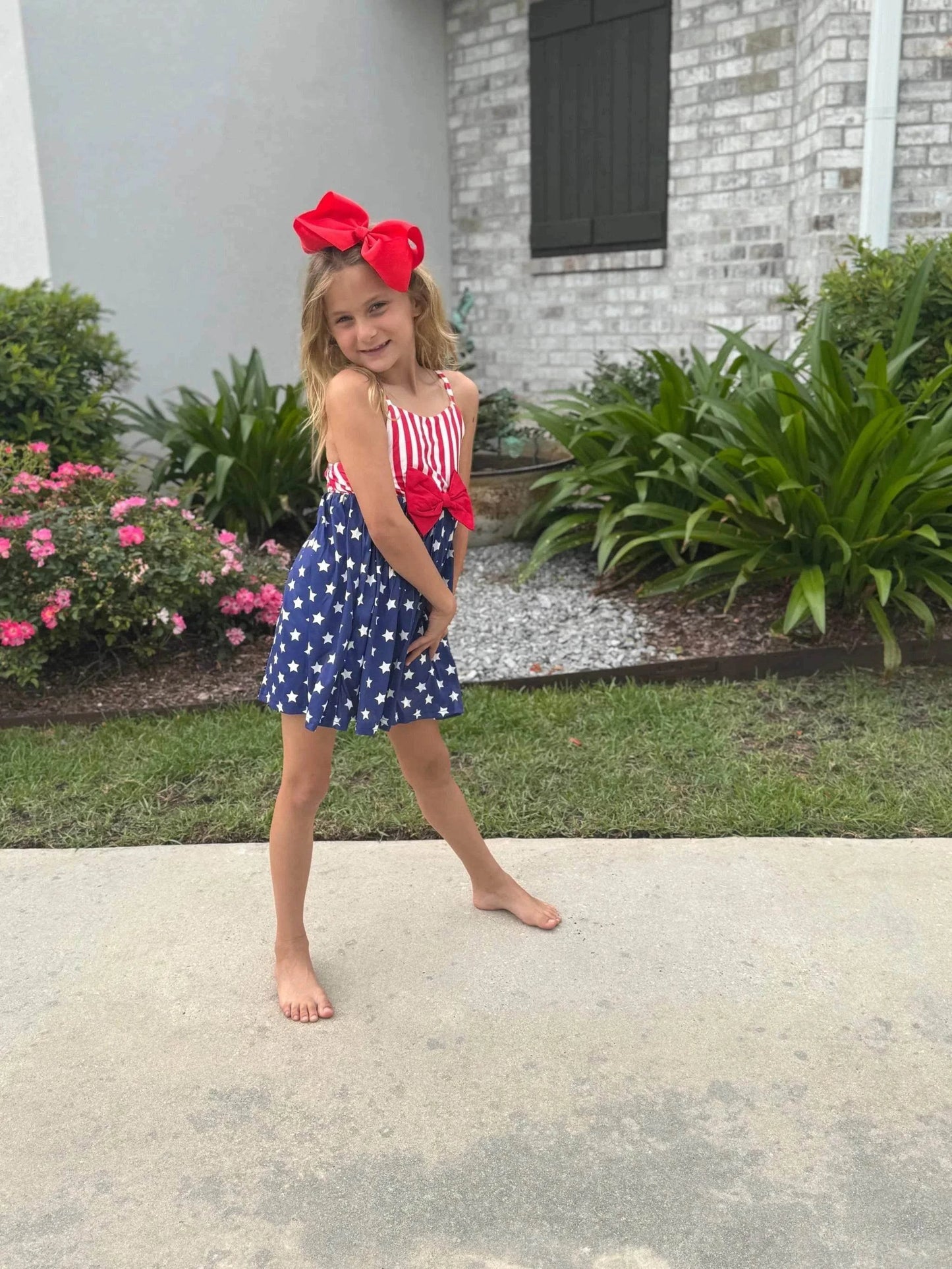 Patriotic girls dress with bow, back view
