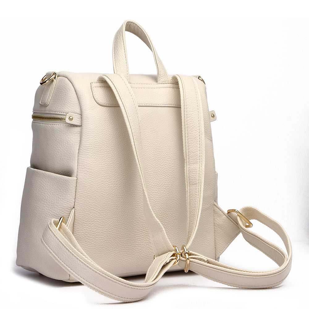 Petit Monaco Diaper Bag Pearl White in vegan leather with straps and pockets.