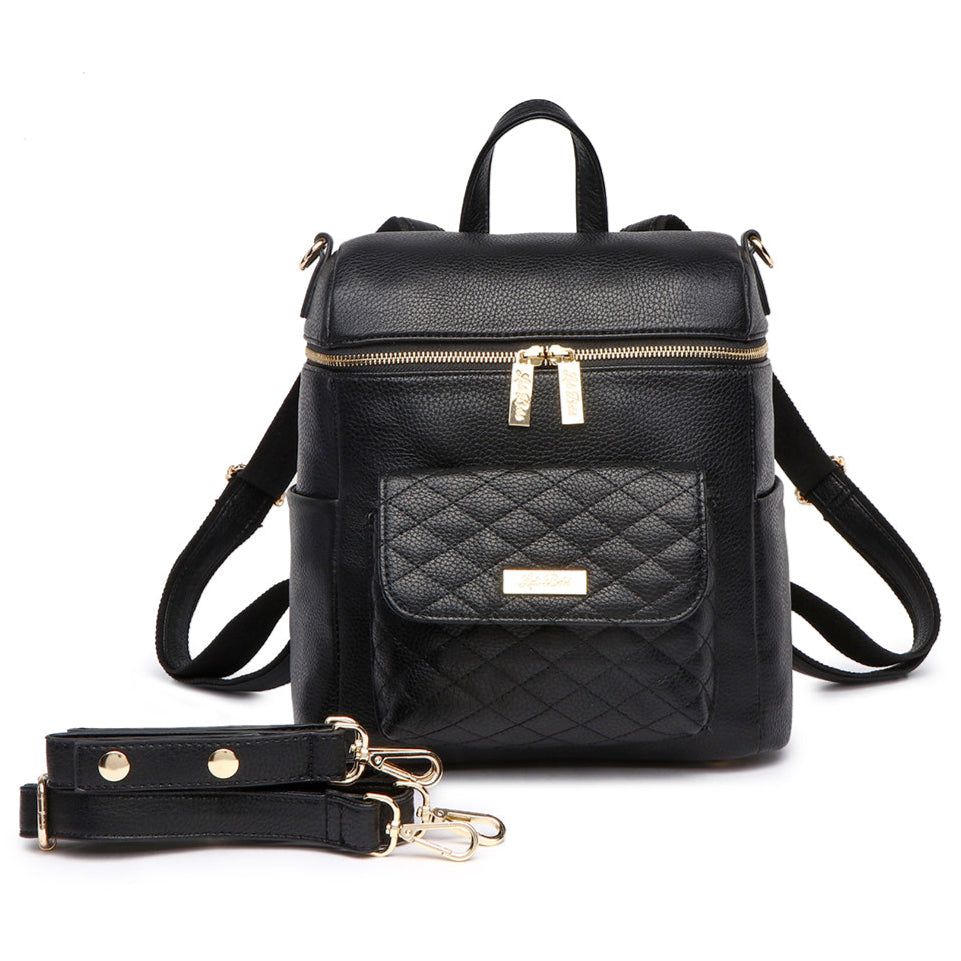 Petit Monaco Diaper Bag in ebony black vegan leather, compact and stylish with quilted front pocket and convertible straps.