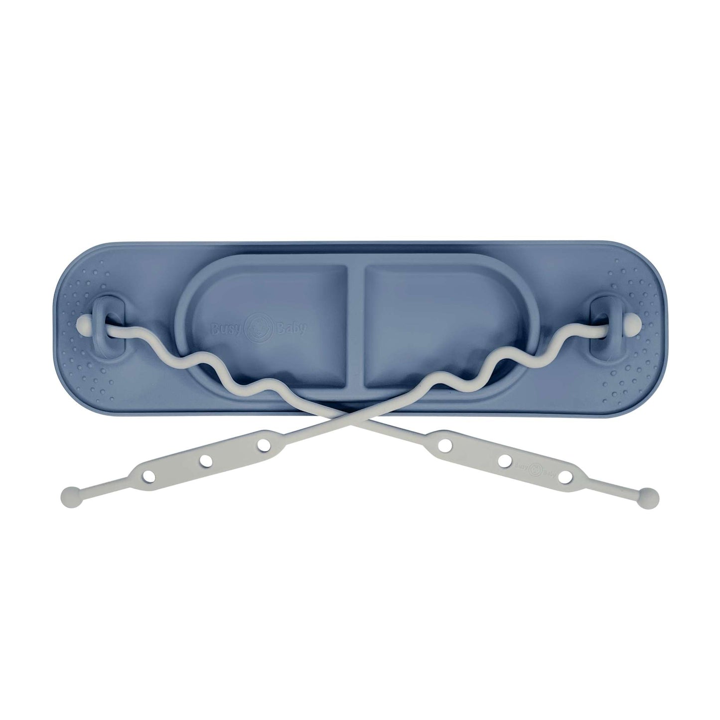 Busy Baby Mini Mat in pewter with suction cups and toy straps for secure attachment and travel use