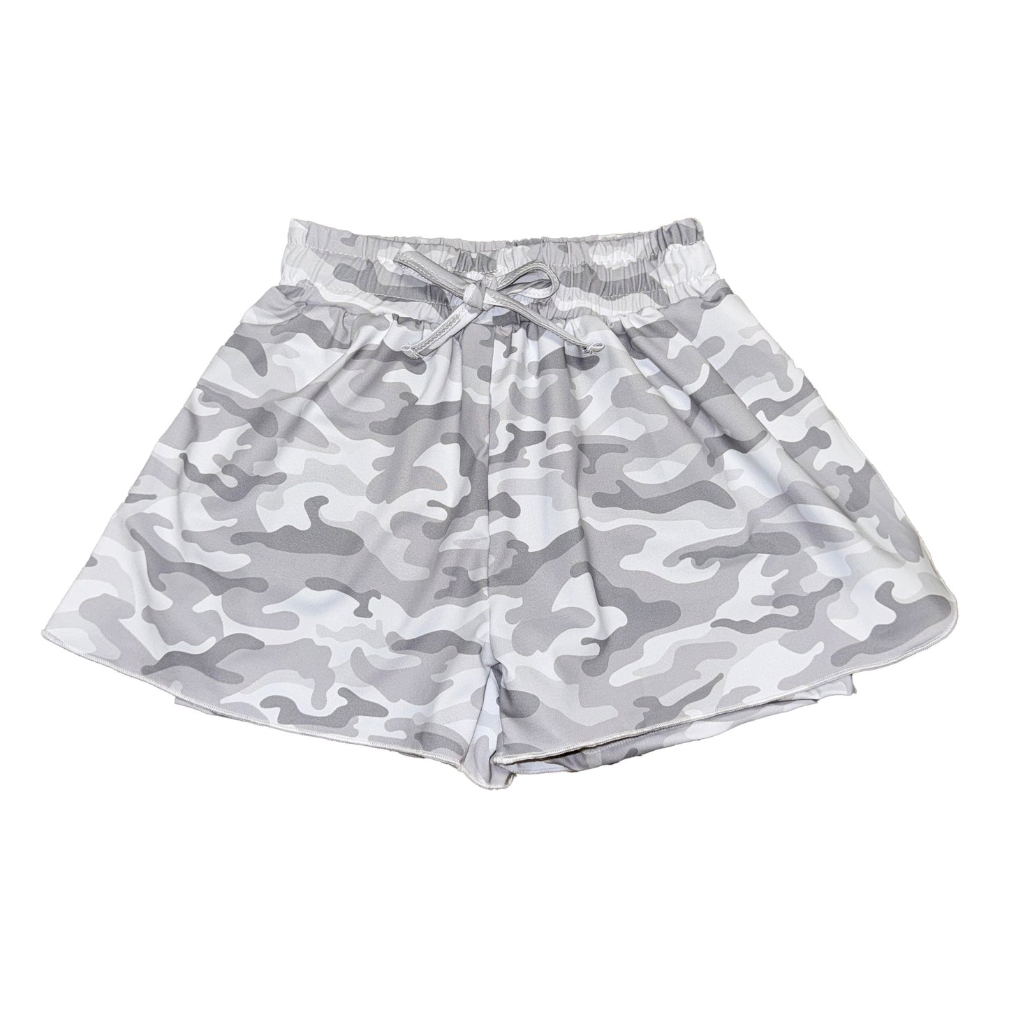 Camo Kid Butterfly Shorts in gray camo pattern with elastic waistband and drawstring for kids