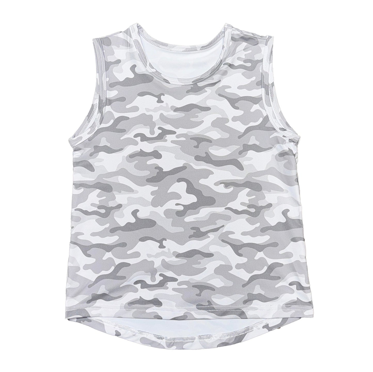 Camo High Low Kid Tank in grey and white camouflage with sleeveless design and high-low hem
