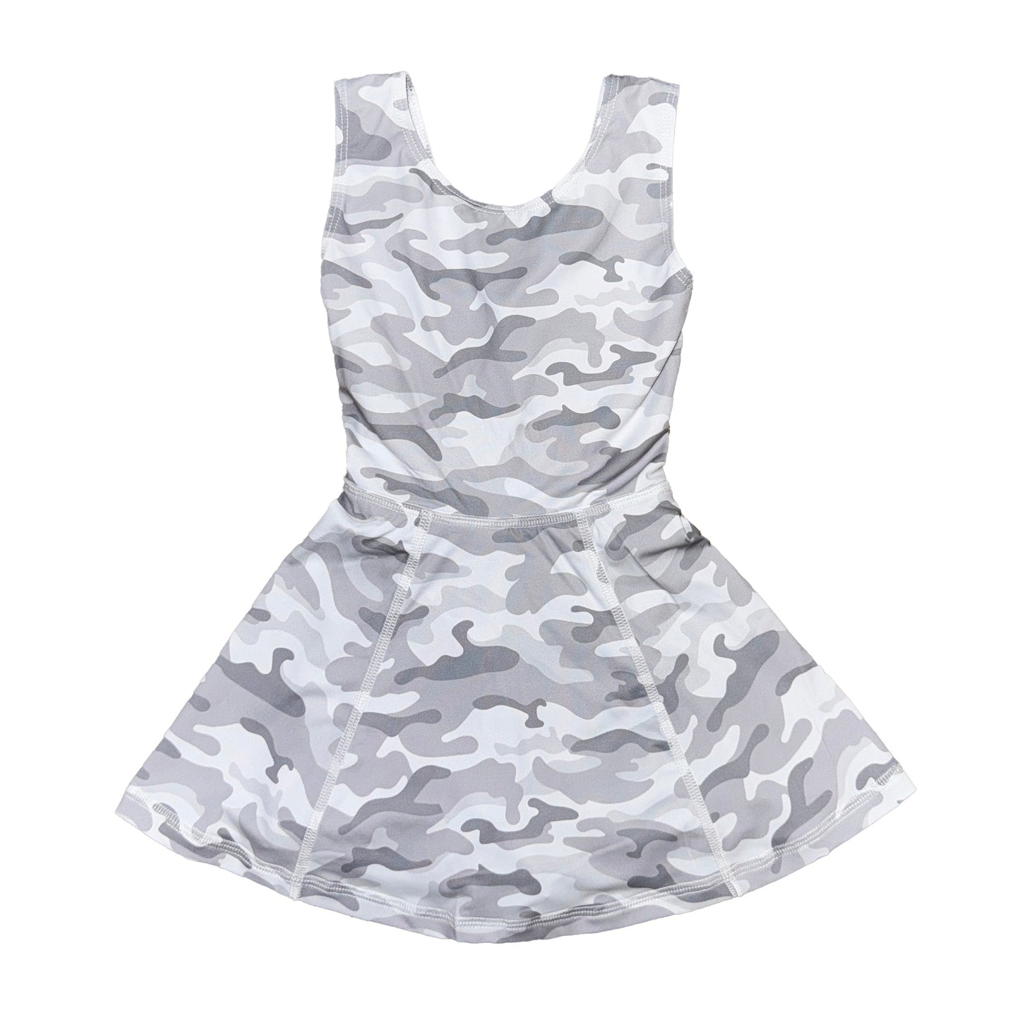 Camo kid dress with classic gray camouflage pattern and sleeveless fit for casual style