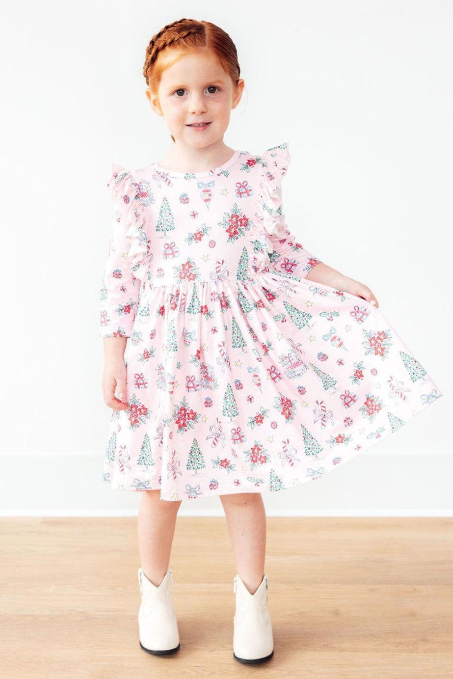 Pink Christmas 3/4 Sleeve Ruffle Twirl Dress
