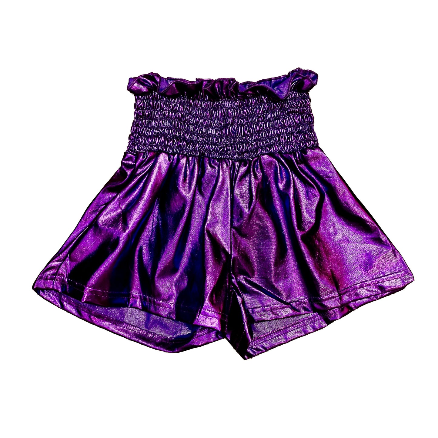 Purple Metallic Swing Shorts with shiny fabric and elastic waistband for a playful, comfortable fit