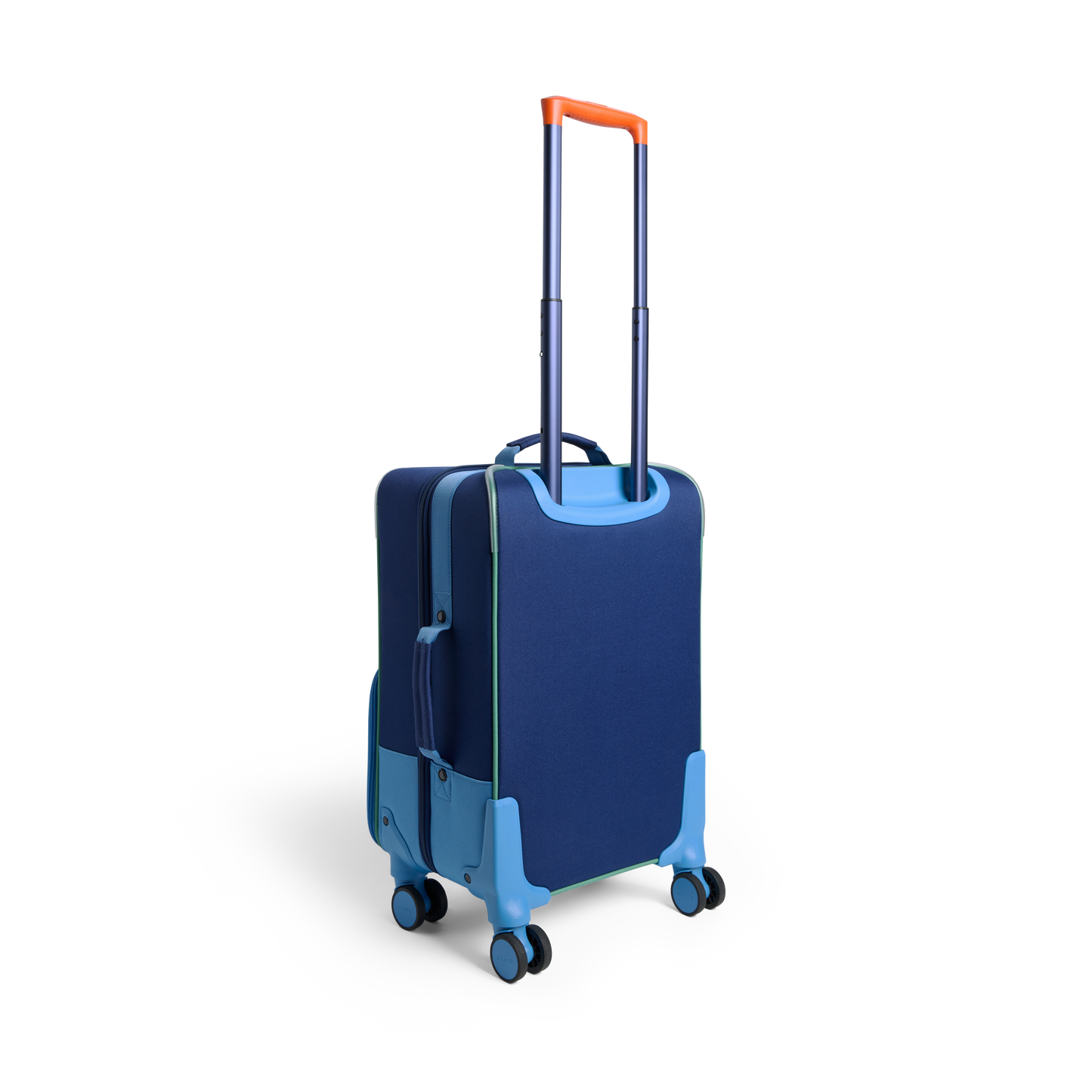 Logan Carry-On Suitcase in Green/Blue/Orange, styled with child traveler
