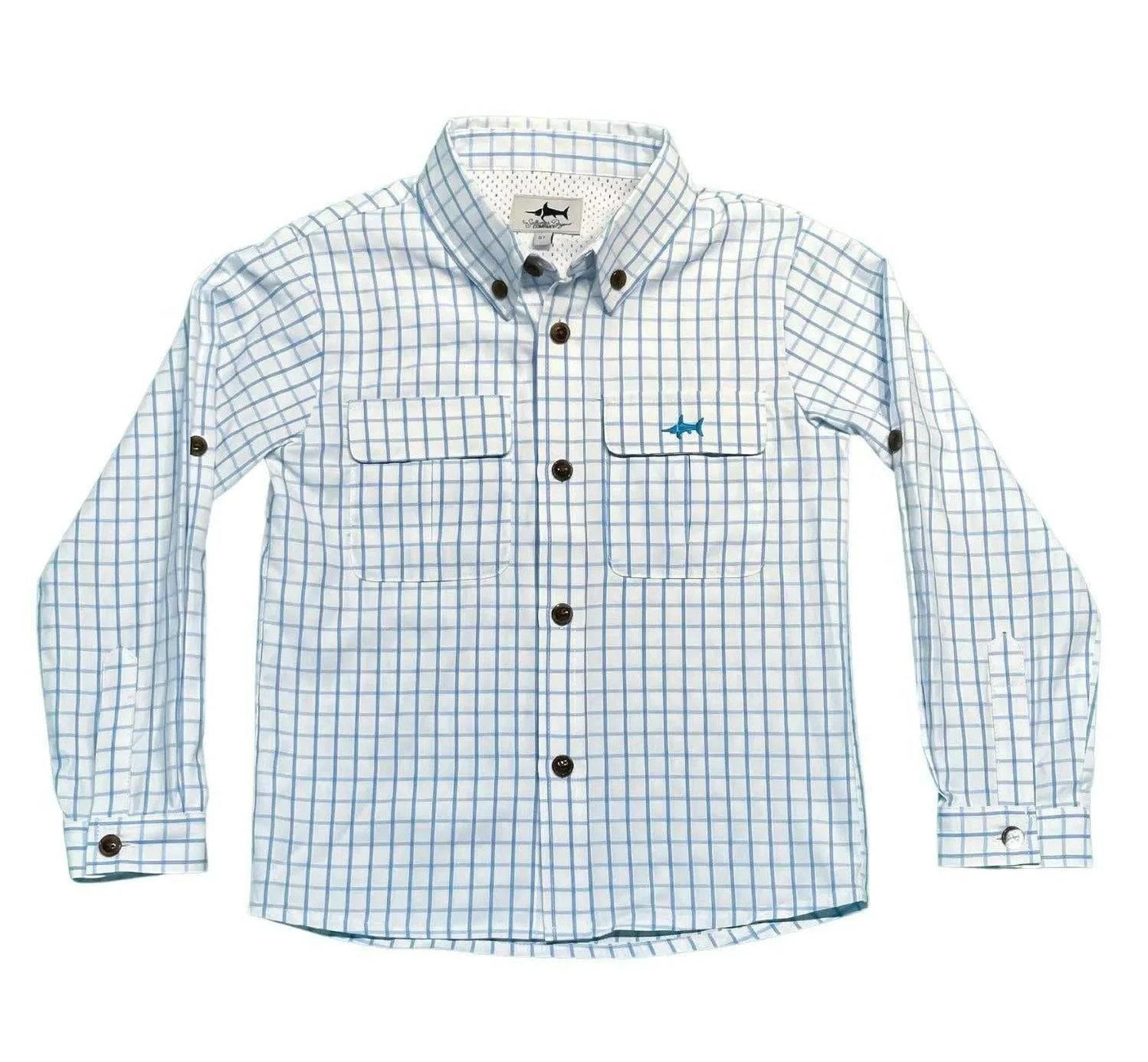 Flagler Boys Fishing Shirt White/Blue Plaid top front view