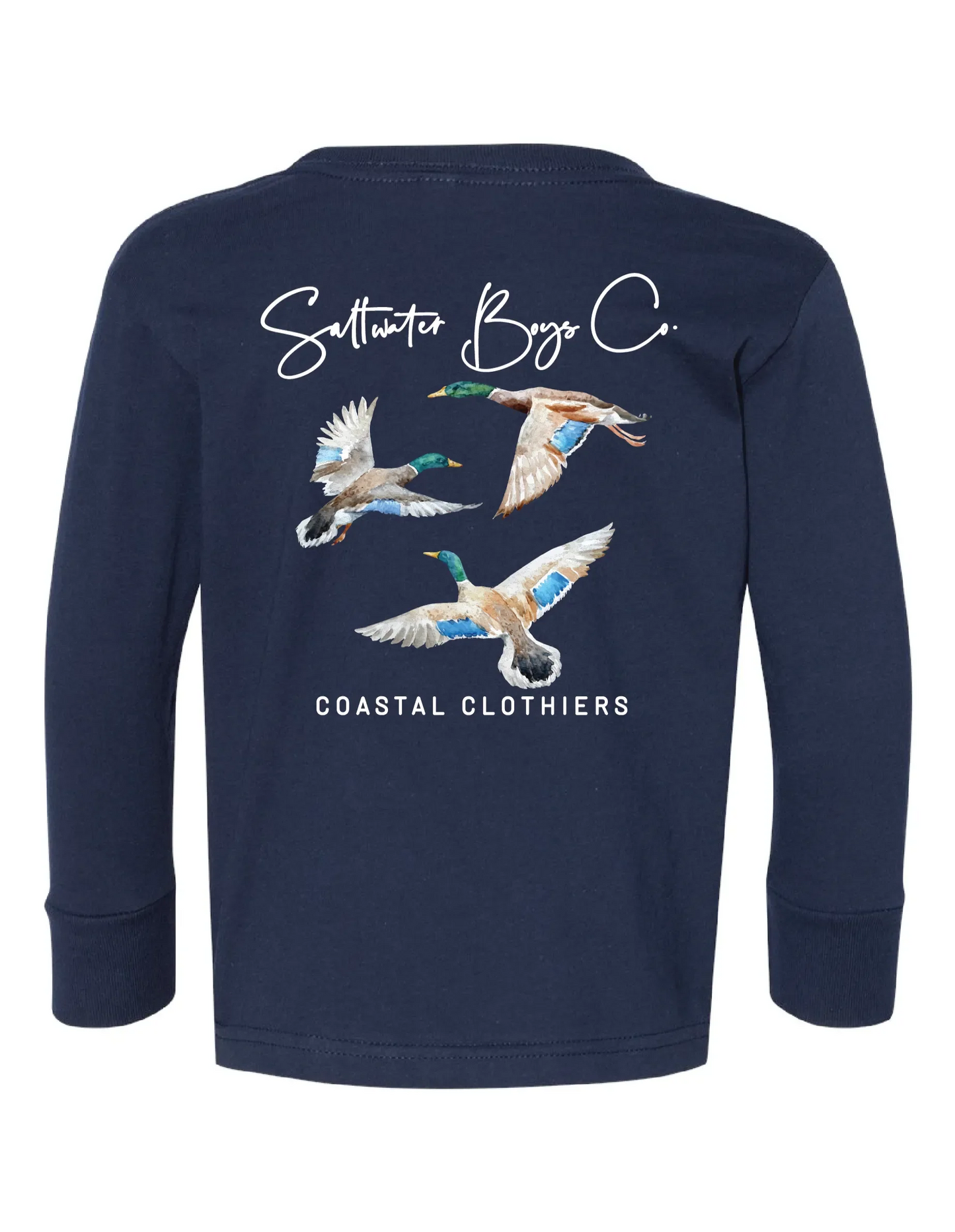 Saltwater Boys Company Mallard Trio long sleeve tee in navy with watercolor mallard design for kids