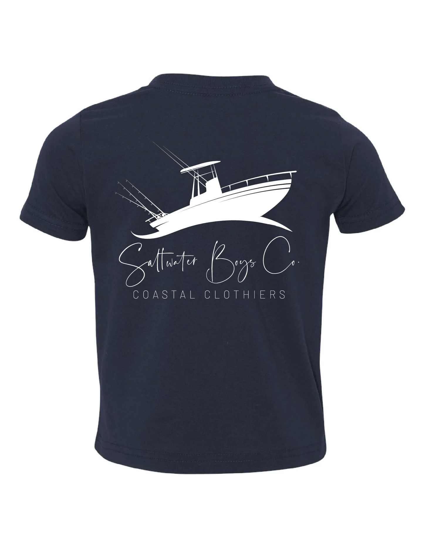 Navy blue Saltwater Boys Company offshore boat graphic pocket tee for boys with short sleeves and front pocket