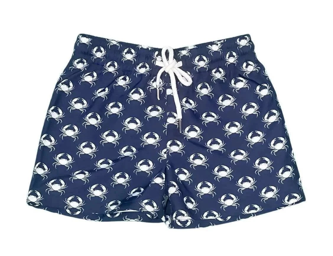 Saltwater Boys Saint Simons navy and white crab print UPF 50+ boys swim trunks