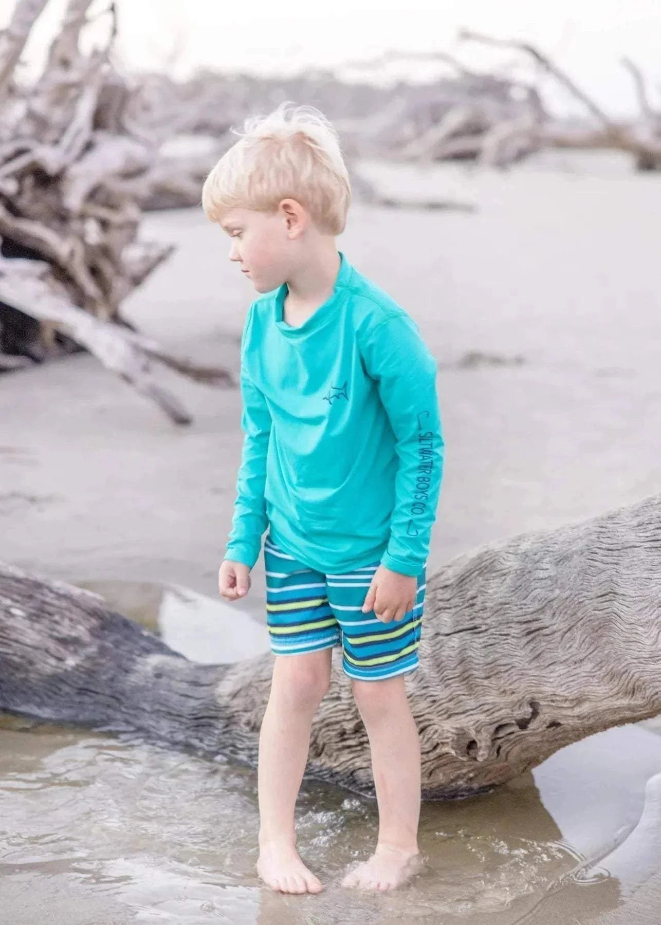 Tybee Rashguard in Saltwater swimsuit detail view