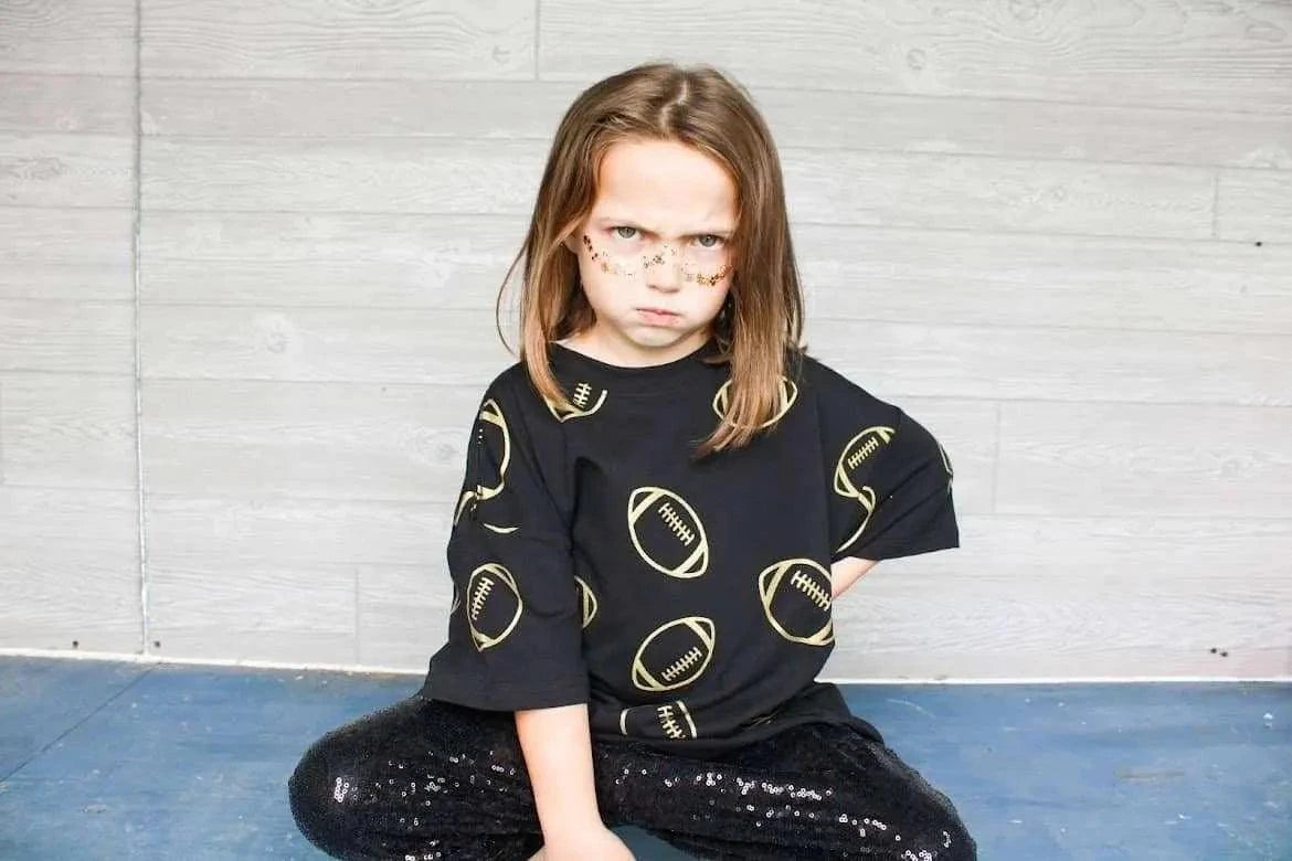 Girls Oversized Game Day Tee Black + Gold top front view