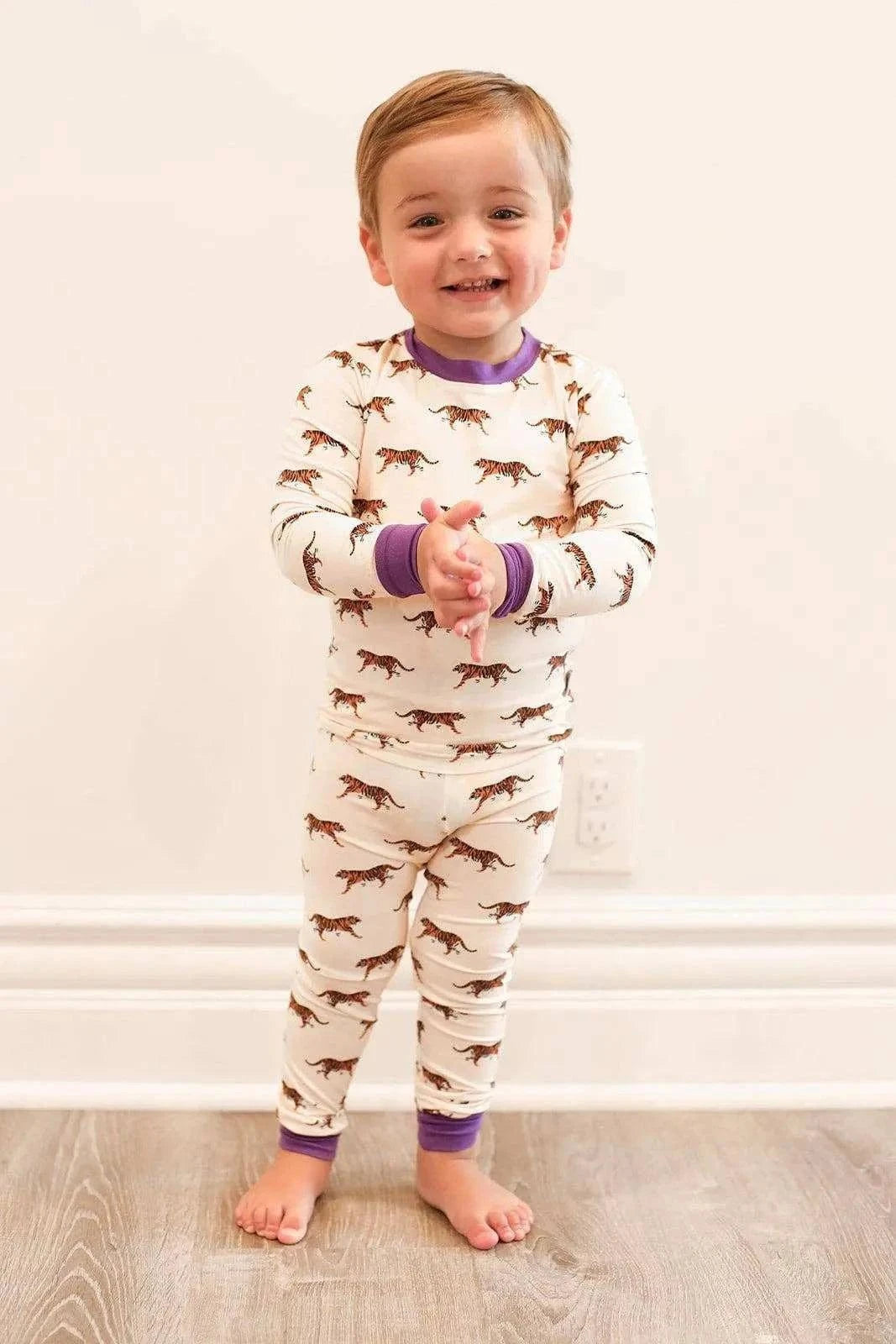 Southern Sleepies Purple Tiger 2 Piece Bamboo Pajama Set for kids with tiger pattern