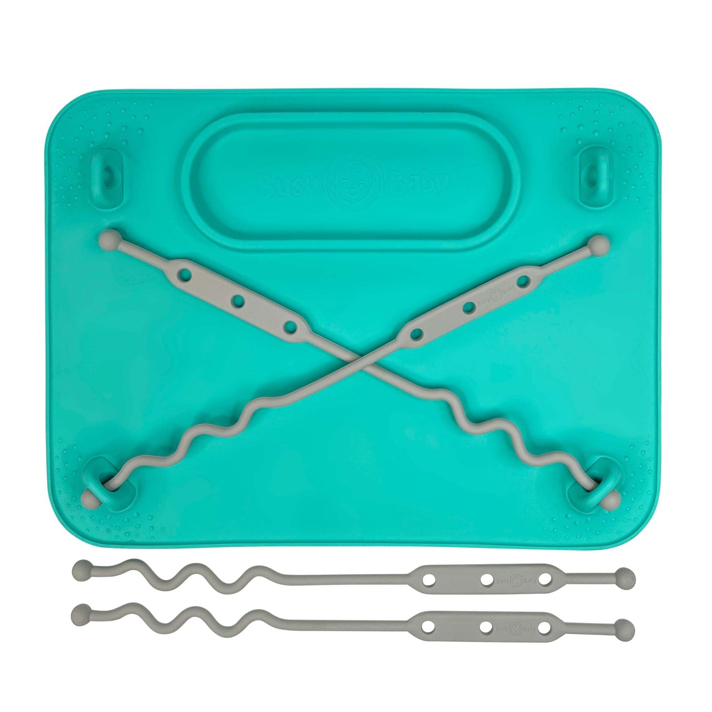 Spearmint silicone Busy Baby Mat with suction cups and gray toy straps to secure utensils and toys during mealtime