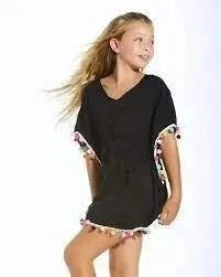 Stella Cove black pom pom cover-up poncho for girls, detail view
