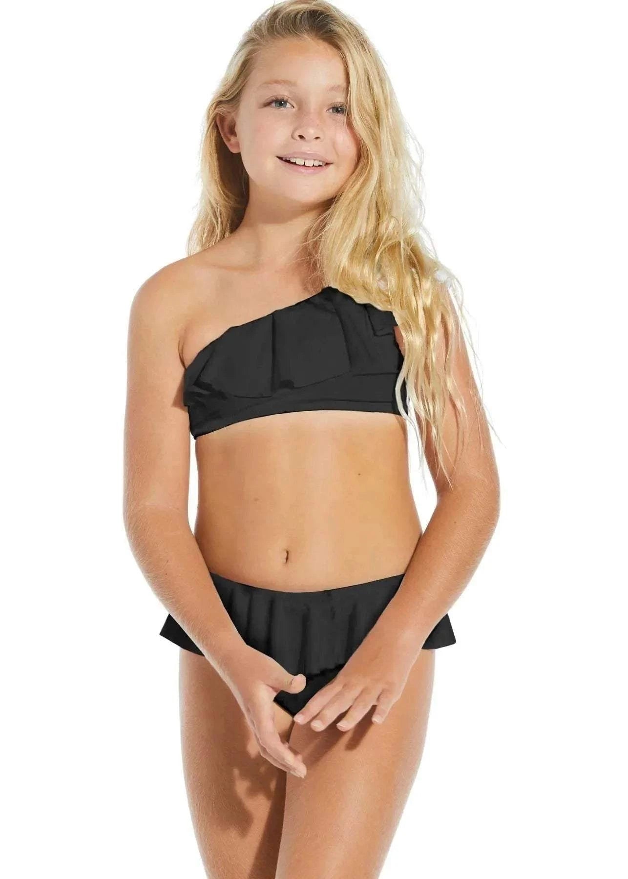Stella Cove black ruffle two-piece swimsuit for girls, detail