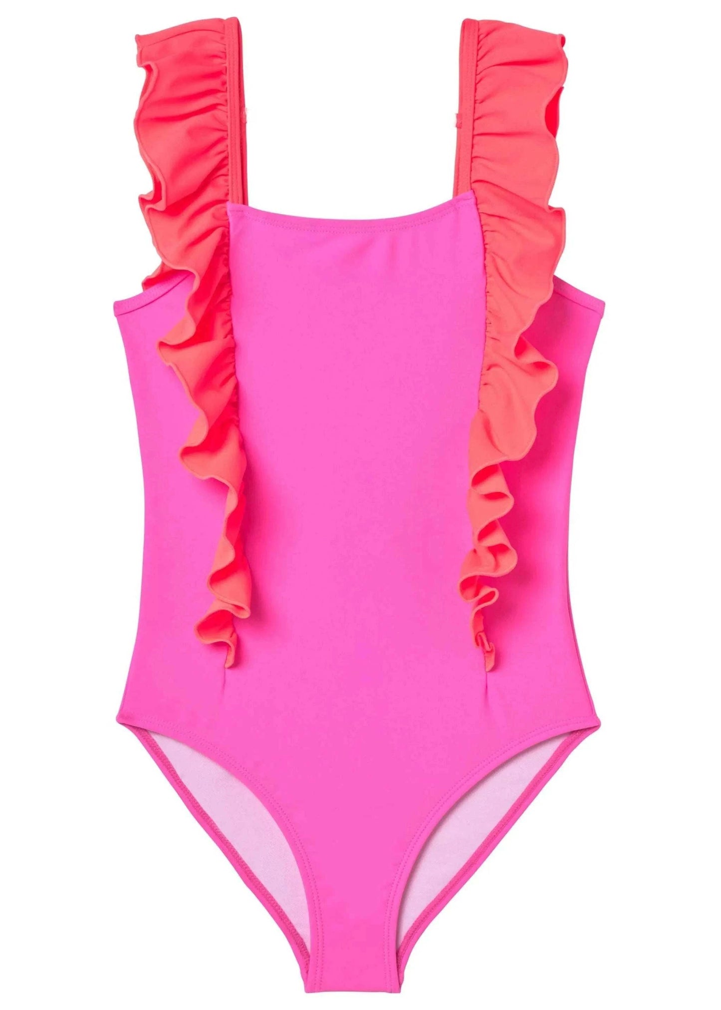 neon pink ruffle bathing suit for girls swimsuit front view