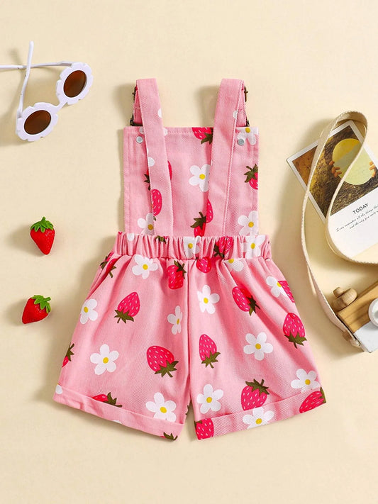 Strawberry Print Denim Overalls