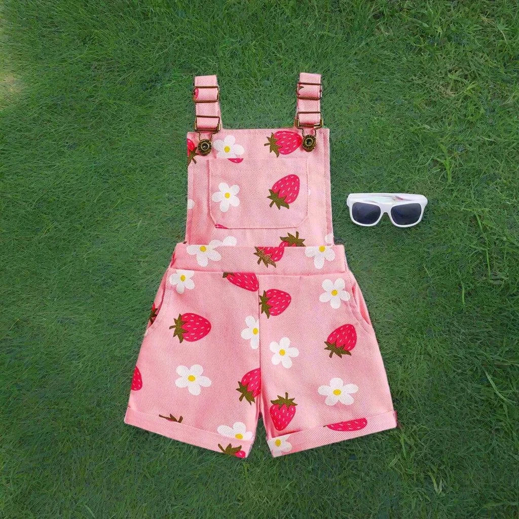 Strawberry print denim overalls for toddlers and girls