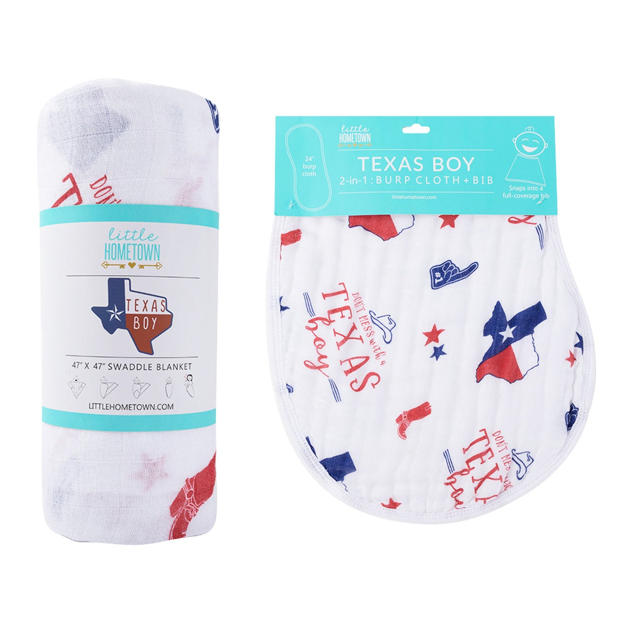 Gift Set: Texas Baby Boy Muslin Swaddle Blanket and Burp Cloth/Bib Combo