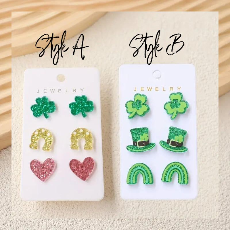 Luck of the Irish Earring Set - 3 Pair with shamrocks, horseshoes, hearts, leprechaun hats, and green rainbows.