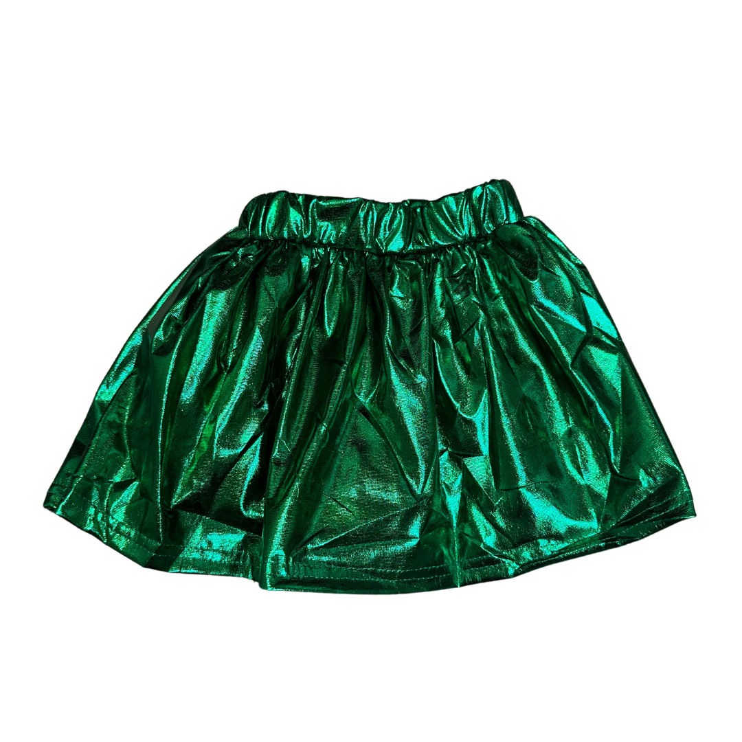 Kelly green metallic kid skort with shiny lightweight fabric and elastic waistband