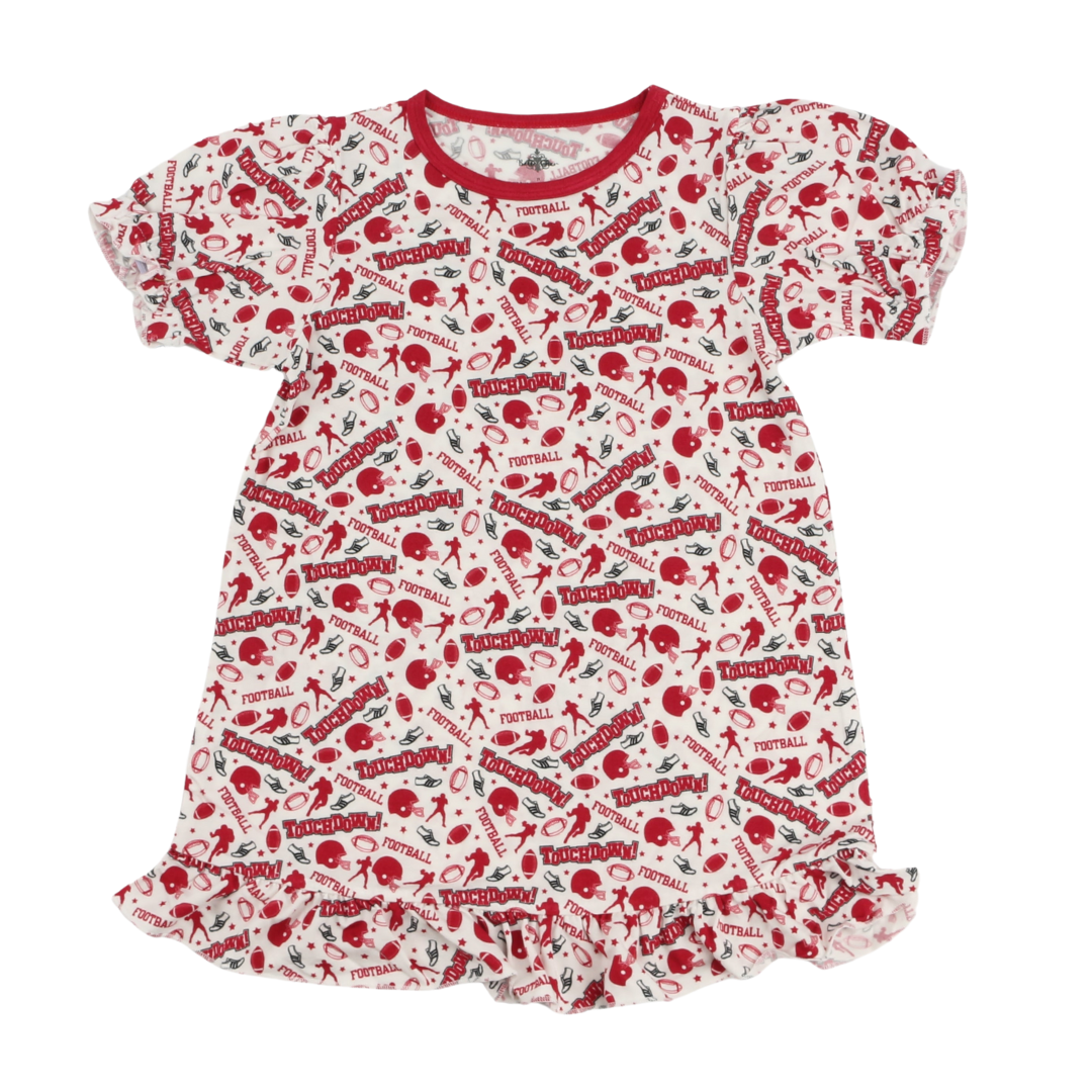 Red and White Football Play Dress with sporty football-themed print and ruffled hem for kids