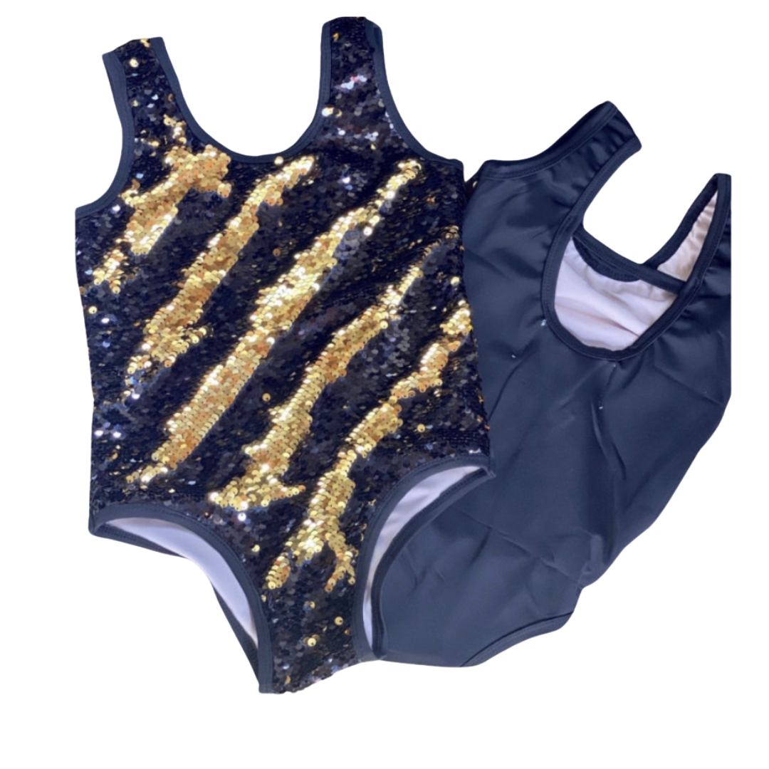 Black and gold reversible sequin leotard for gymnasts with flip design