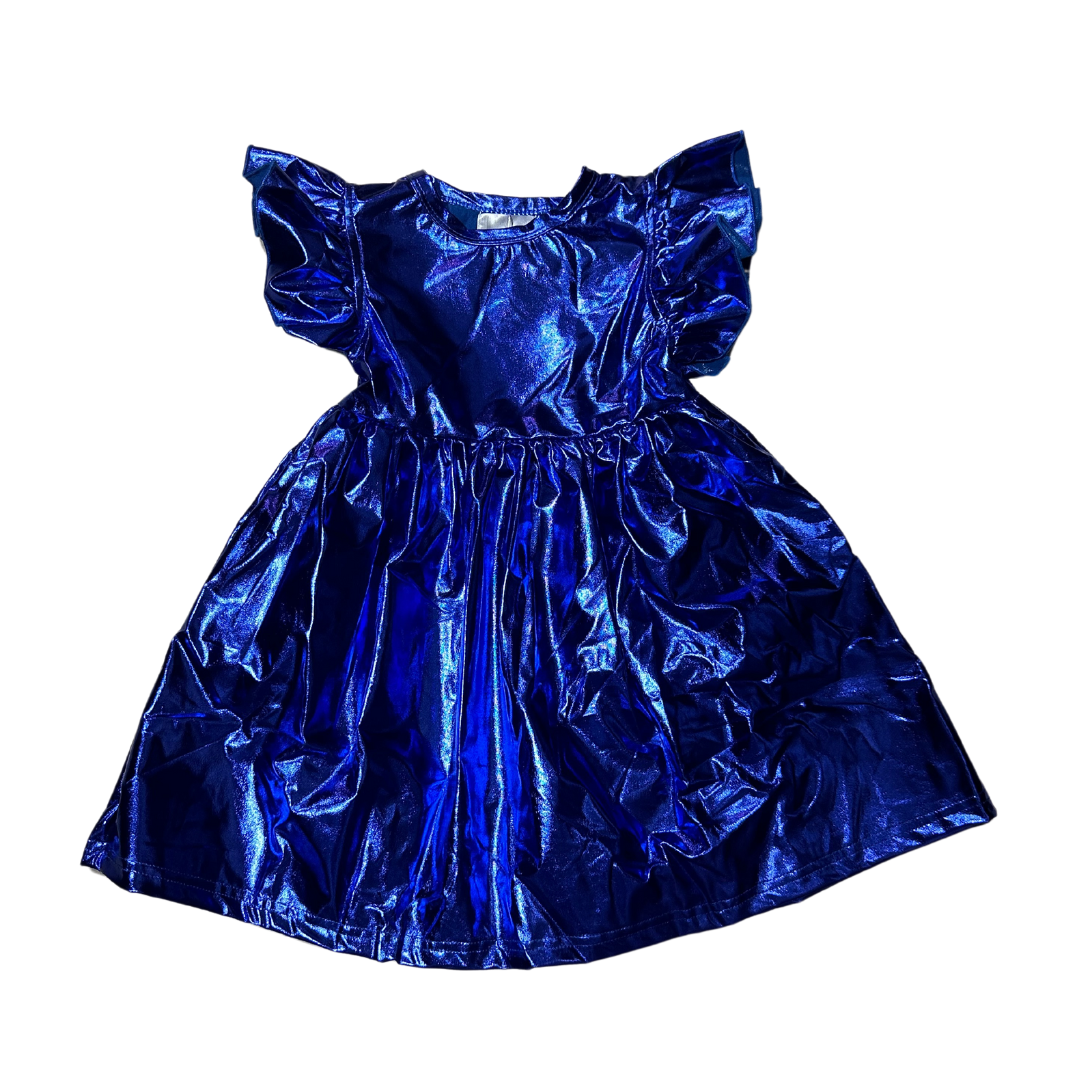 Iridescent Indigo Kid Metallic Dress in vibrant shimmering indigo fabric with ruffled sleeves for special occasions or play