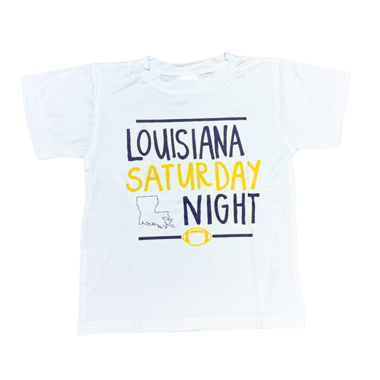 Boy Louisiana Saturday Night Shirt white tee with yellow and black text and football graphic