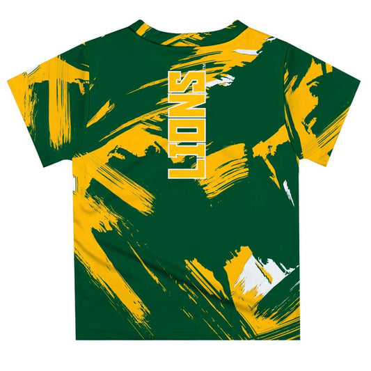 SLU Lions gold t-shirt paint brush design detail