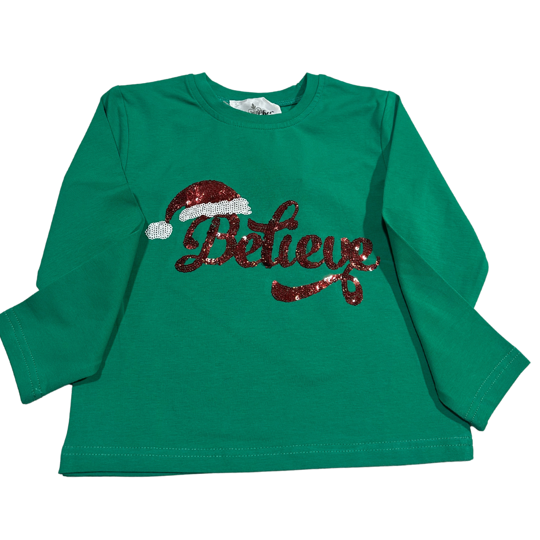 Believe long sleeve kid shirt with red sequin "Believe" text and Santa hat design on green fabric