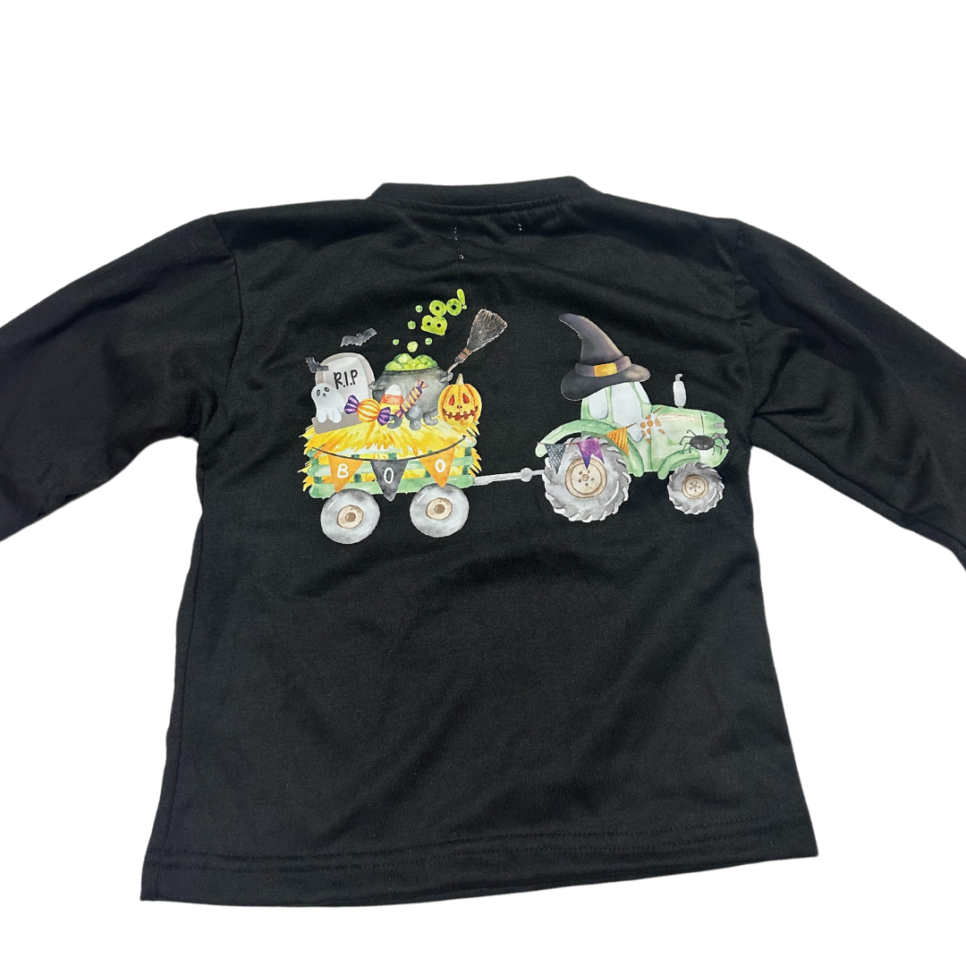 Halloween Tractor Long Sleeve kids shirt with spooky tractor and Halloween decorations design on black fabric