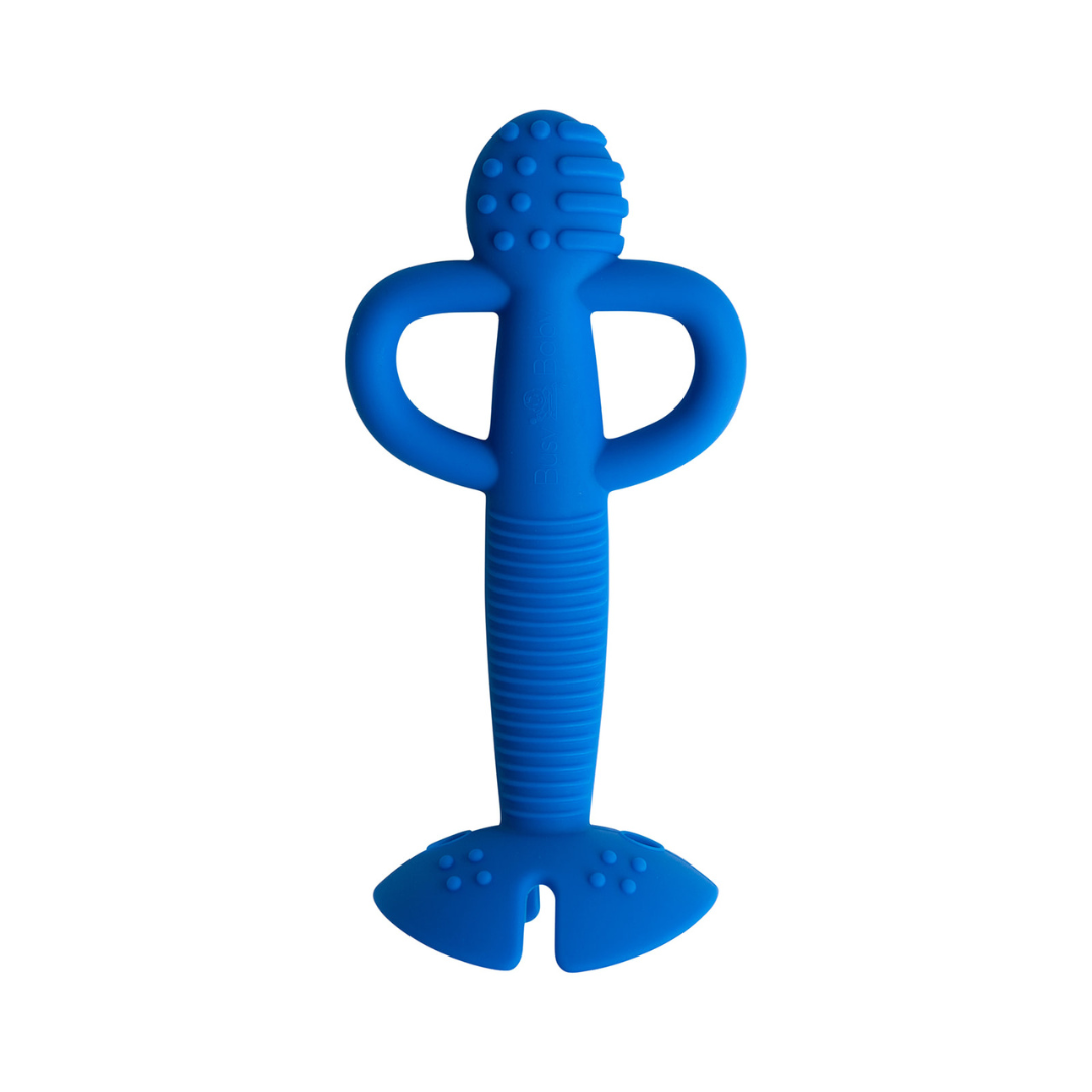 Blue 2-in-1 teether and training spoon made of food-grade silicone for baby self-feeding and gum soothing
