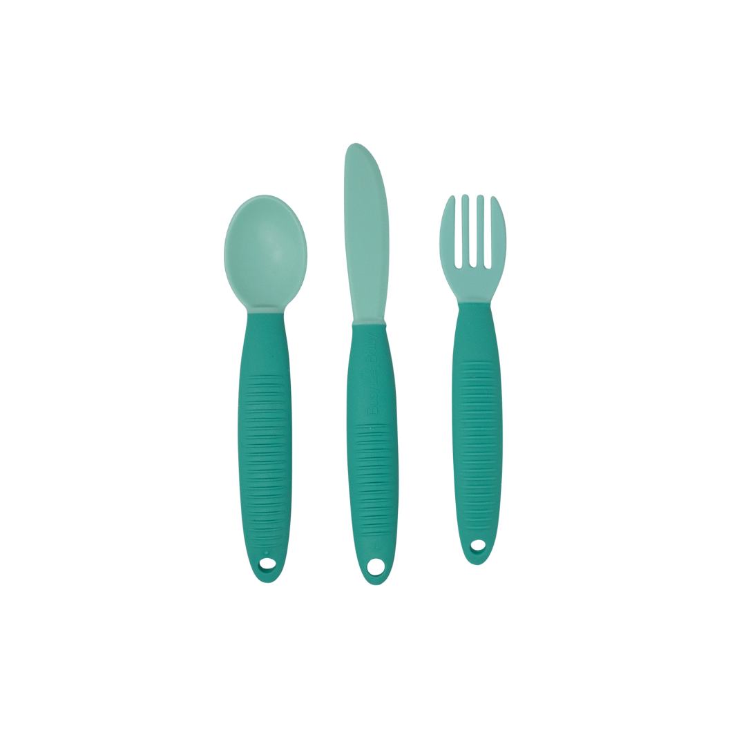 Busy Baby Utensils Set with teal spoon, knife, and fork designed for toddlers with easy-grip handles and tether holes.