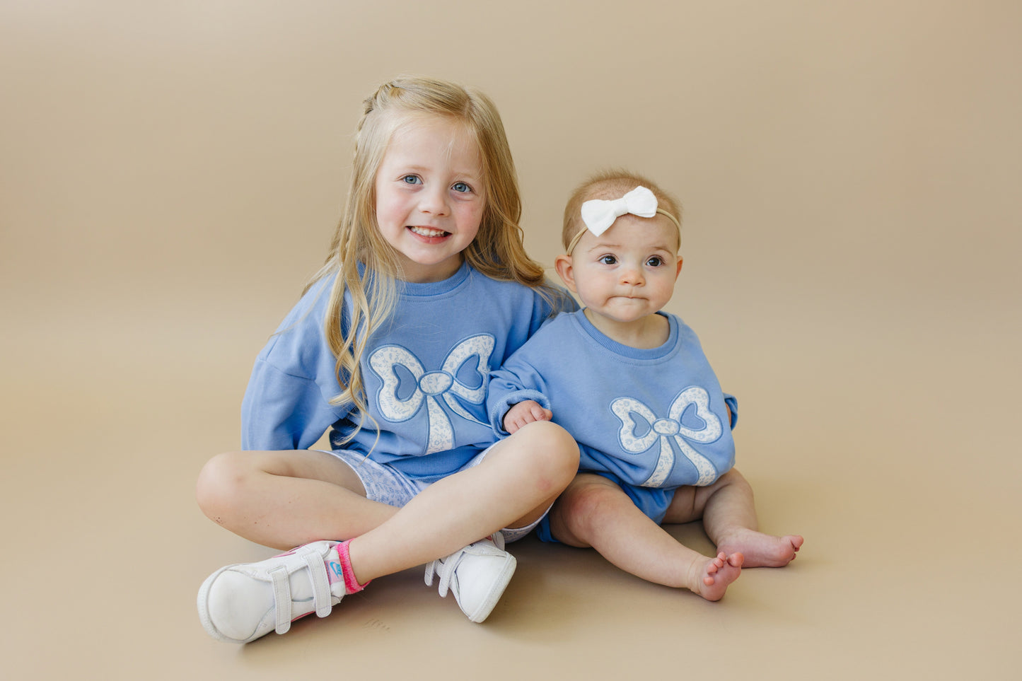 Blue Toile Applique Bow Sweatshirt Romper or Crewneck