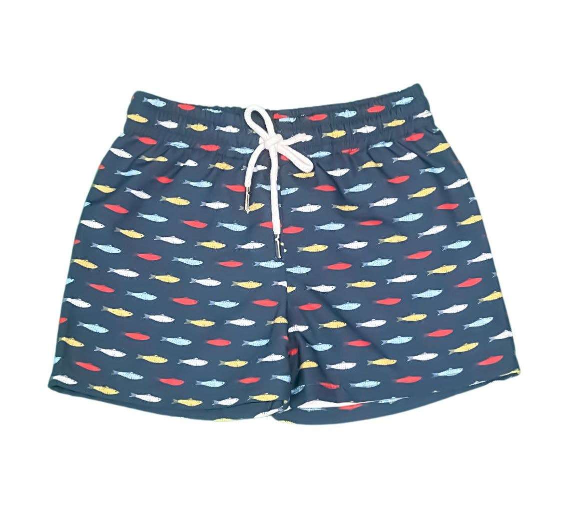 UPF 50+ multi baitfish boys swim trunks by Saltwater Boys Company.