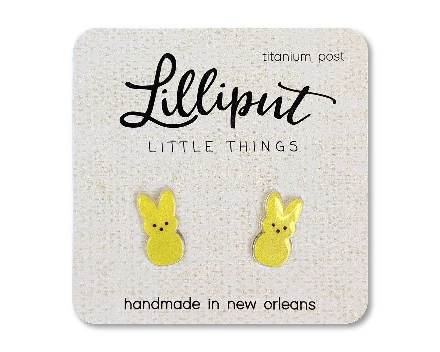 Marshmallow Easter Bunny Earrings on card with "Lilliput Little Things" logo, handmade in New Orleans.